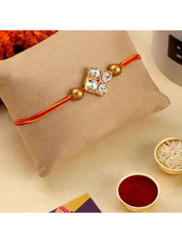 Accessher - Multicolor Brass Rhinestone Rakhi Combo Pack of 3 with Roli, Rice & Card