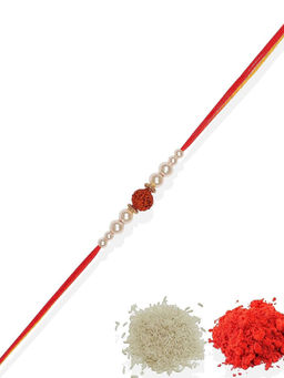 Accessher - Religious Delicate Rudraksh Rakhi with Pearls with Roli, Rice & Card
