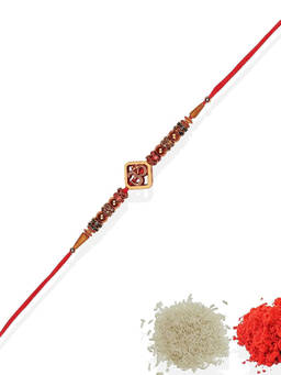 Accessher - Religious Delicate Om Rakhi with Multicolour Beads with Roli, Rice & Card