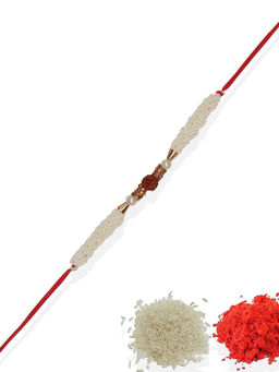 Accessher - Religious Delicate Rudraksh Rakhi with Tiny Pearls with Roli, Rice & Card