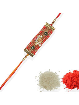 Accessher - Religious Delicate Sri Inscribed Rakhi with Multicolour Fabric with Roli, Rice & Card