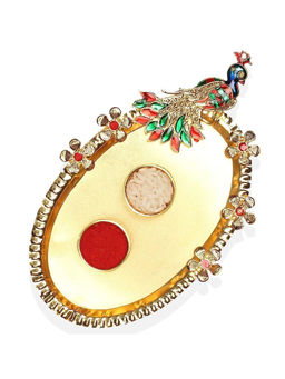 Accessher - Gift Set of 5 with Rudraksh Rakhi, Peacock Thali, Roli, Rice & Card