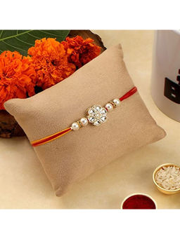 Accessher - Minimal Kundan Floral Design Rakhi with Roli, Rice & Card