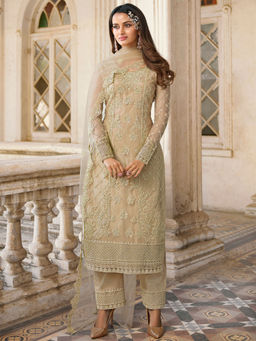 Stylee LIFESTYLE - Beige Net Embroidered Dress Material