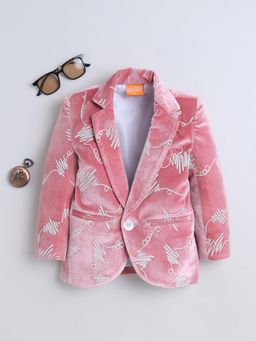 Mini Stitch - Velvet Woven Full Sleeves Embriodered Blazer - Pink