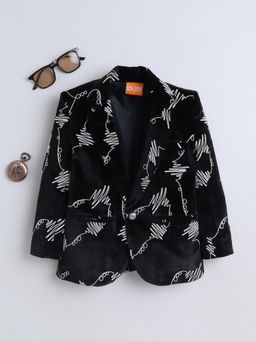 Mini Stitch - Velvet Woven Full Sleeves Embriodered Blazer - Black