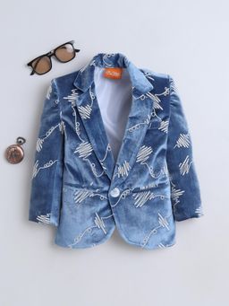 Mini Stitch - Velvet Woven Full Sleeves Embriodered Blazer - Blue