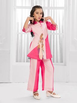 Mini Stitch - Pink Cotton Silk Woven Kurta and Pant