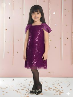 Mini Stitch - Net Woven Half Sleeves Embellished Dress - Wine