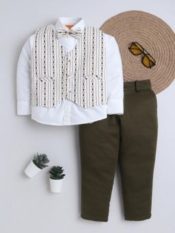 Mini Stitch - Full Sleeves Shirt Trouser Waistcoat with Bow - Cream