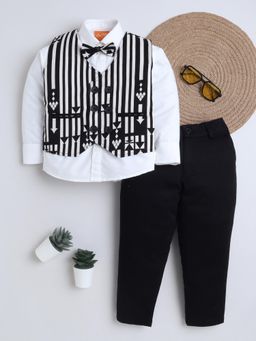 Mini Stitch - Full Sleeves Shirt Trouser Waistcoat with Bow - Black