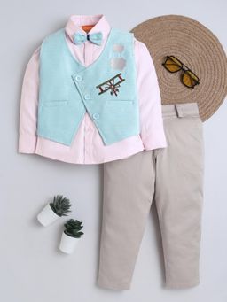 Mini Stitch - Coudoroy Full Sleeves Shirt Trouser Waistcoat with Bow-Blue
