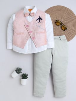 Mini Stitch - Coudoroy Full Sleeves Shirt Trouser Waistcoat with Bow -Pink