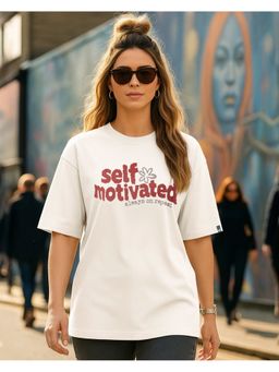 Bewakoof - Women Gardenia Self Motivated Beige Typography Oversized T-shirt