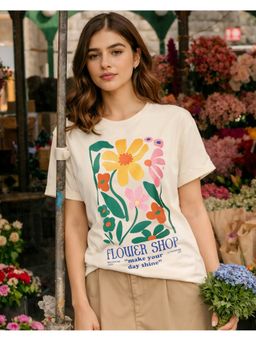Bewakoof - Women Beige Flower Shop Graphic Printed Boyfriend T-Shirt