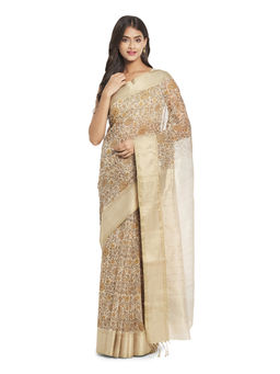 Fabindia - Beige Hand Block Print Cotton Silk Saree