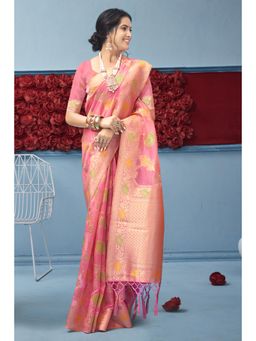 EXCLUSIVA - Pink Organza Saree with Unstitched Blouse