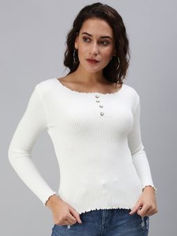 SHOWOFFFF - Women's Solid Fitted White Boat Neck Top