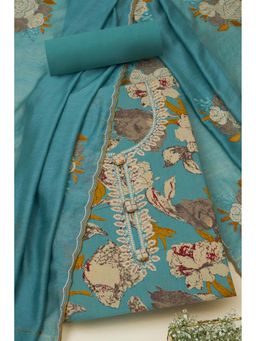 Soch - Women Powder Blue Cotton Floral Print Unstitched Top with Bottom & Dupatta (Set of 3)