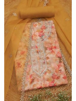 Soch - Women Beige Organza Floral Print Unstitched Top with Bottom & Dupatta (Set of 3)