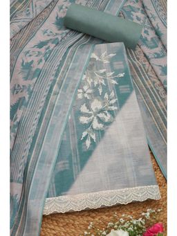 Soch - Women Teal Linen Floral Print Unstitched Top with Bottom & Dupatta (Set of 3)