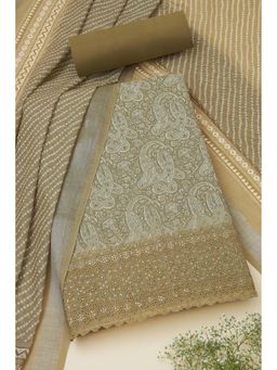 Soch - Women Olive Linen Paisley Print Unstitched Top with Bottom & Dupatta (Set of 3)