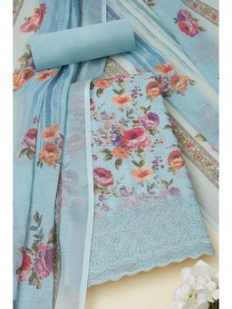 Soch - Women Powder Blue Linen Floral Print Unstitched Top with Bottom & Dupatta (Set of 3)