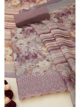 Soch - Women Mauve Linen Floral Print Unstitched Top with Bottom & Dupatta (Set of 3)