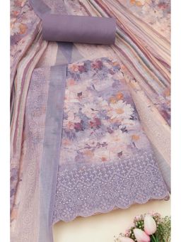 Soch - Women Lavender Linen Floral Print Unstitched Top with Bottom & Dupatta (Set of 3)
