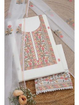 Soch - Women White Cotton Embroidered Unstitched Top with Bottom & Dupatta (Set of 3)