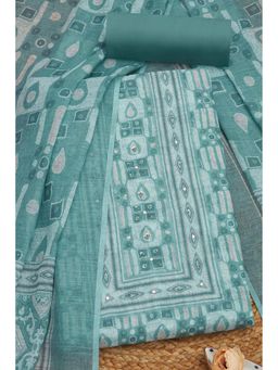 Soch - Women Teal Linen Geometric Print Unstitched Top with Bottom & Dupatta (Set of 3)