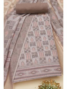 Soch - Women Beige Linen Geometric Print Unstitched Top with Bottom & Dupatta (Set of 3)