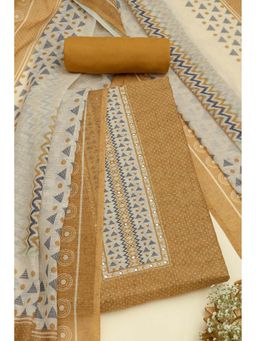 Soch - Women Mustard Linen Polka Dots Unstitched Top with Bottom & Dupatta (Set of 3)