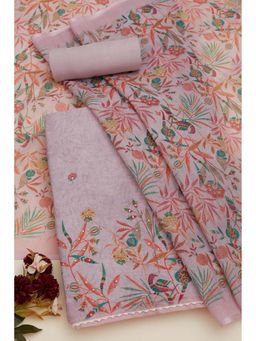 Soch - Women Purple Linen Botanical Print Unstitched Top with Bottom & Dupatta (Set of 3)