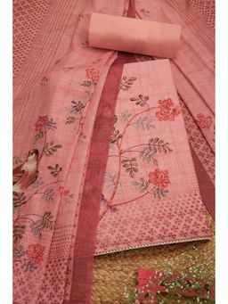 Soch - Women Peach Linen Botanical Print Unstitched Top with Bottom & Dupatta (Set of 3)
