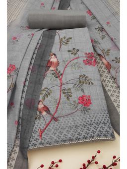 Soch - Women Grey Linen Botanical Print Unstitched Top with Bottom & Dupatta (Set of 3)