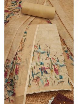 Soch - Women Beige Linen Botanical Print Unstitched Top with Bottom & Dupatta (Set of 3)