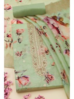 Soch - Women Green Organza Floral Print Unstitched Top with Bottom & Dupatta (Set of 3)