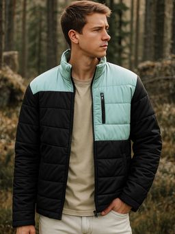 Bewakoof - Men's Black & Sage Color Block Oversized Puffer Jacket