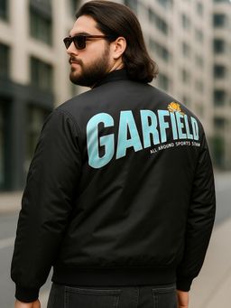 Bewakoof - Men's Black Garfield All Around Graphic Printed Oversized Plus Size Jacket
