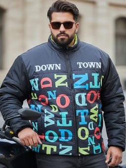 Bewakoof - Men's Black & Blue Bate Typography Oversized Plus Size Puffer Jacket