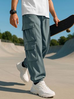 Bewakoof - Heavy Duty 1.0 Men's Grey Super Loose Fit Brushed Cargo Joggers