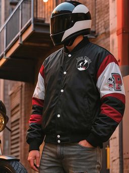 Bewakoof - Men's Black Peanuts Typography Oversized Bomber Jacket