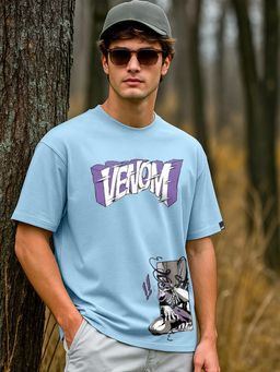 Bewakoof - Official Marvel Men's Chambray Blue Venom Graphic Printed Oversized T-shirt