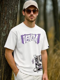 Bewakoof - Official Marvel Men's White Venom Graphic Printed Oversized T-shirt