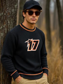 Bewakoof - Men's Black & Orange Typography Super Loose Fit Sweater