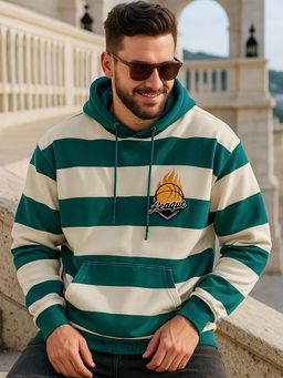 Bewakoof - Men's Beige & Green Striped Oversized Hoodies