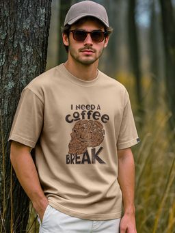 Bewakoof - Men's Ginger Root Brown Coffee Break Graphic Printed Oversized T-shirt