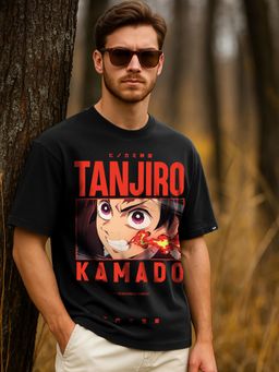 Bewakoof - Demon Slayer Men's Black Tanjiro Fire Breathing Graphic Printed Oversized T-shirt