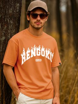Bewakoof - Demon Slayer Men's Orange Rengoku Flame Hashira Typography Oversized T-shirt